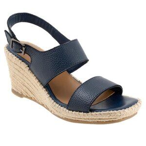 Softwalk Hartley Navy‎ Leather Wedge Espadrille Sandals W/Box Sz 7.5- EUC